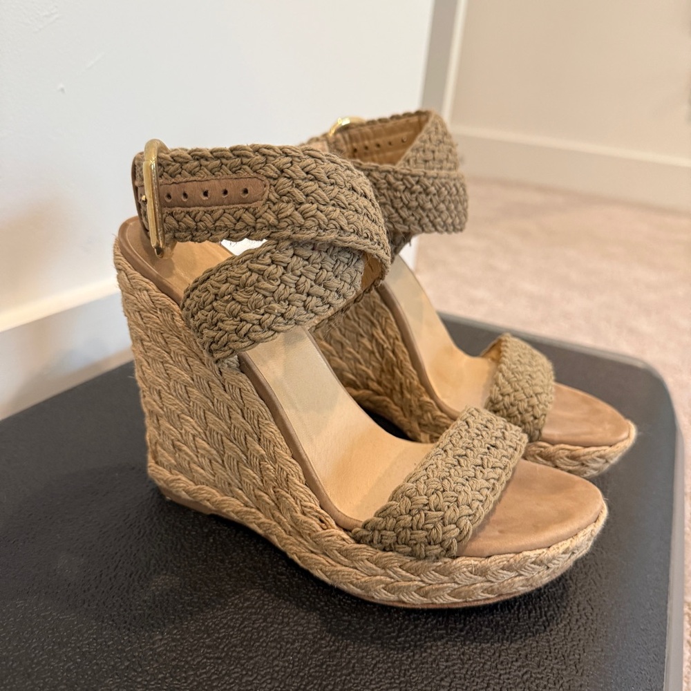 Stuart Weitzman Tan Woven Wedges